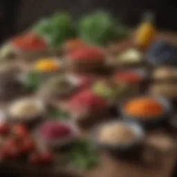 Colorful array of plant-based paleo ingredients arranged beautifully on a rustic table.