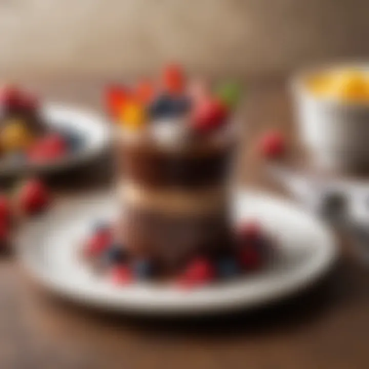 A beautifully plated dessert featuring sugar-free chocolate pudding and vibrant fruit.