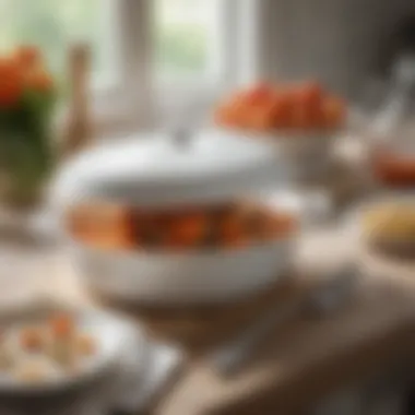Elevated Dining Experience with Porcelain Casserole Elegant porcelain casserole dish with a lid on a dining table