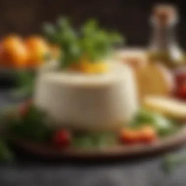 An artistic display of pot cheese served alongside fresh herbs and vegetables