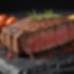 A beautifully seasoned steak on a heated stone