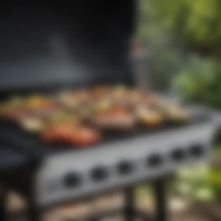 Propane grill with flames and sizzling vegetables