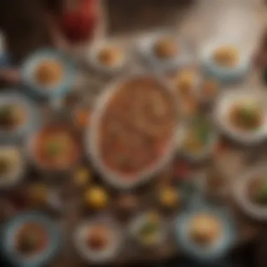 Vibrant Group Meal Setting A vibrant table set for a group meal with a variety of cuisines