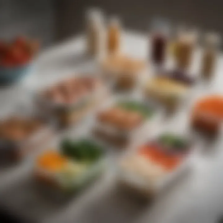 A sleek countertop with neatly arranged meal prep containers filled with healthy protein options.