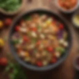 A vibrant bowl of quinoa salad topped with grilled chicken and colorful vegetables.