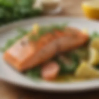 Herb-Infused Salmon Delight A close-up of succulent salmon fillets garnished with herbs and lemon on a plate.