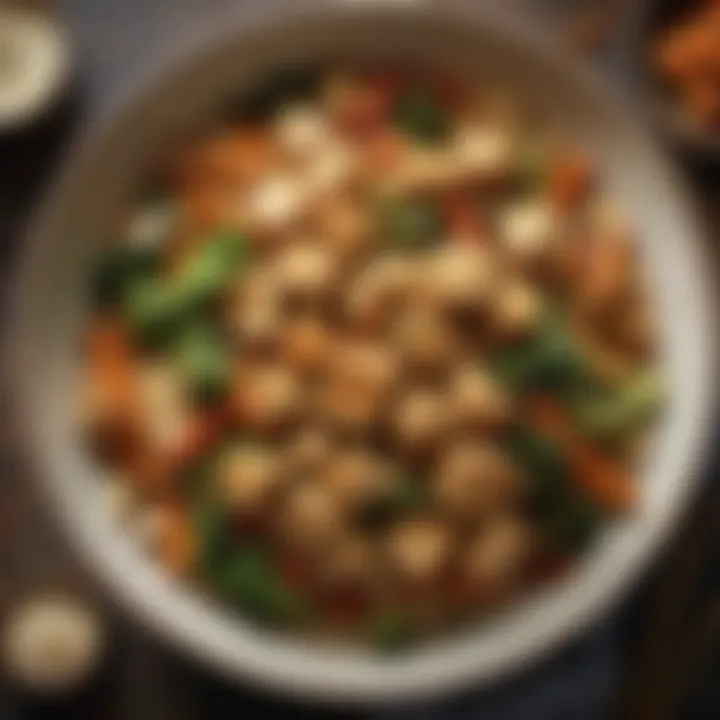 An enticing bowl of stir-fried tofu and vegetables, showcasing a medley of colors and textures.