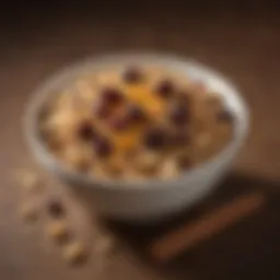 A vibrant bowl of Raisin Bran topped with toasted oats and drizzled with honey