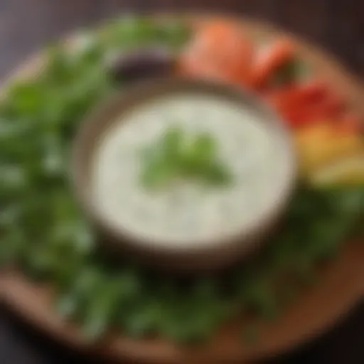 A vibrant bowl of ranch dressing garnished with fresh herbs