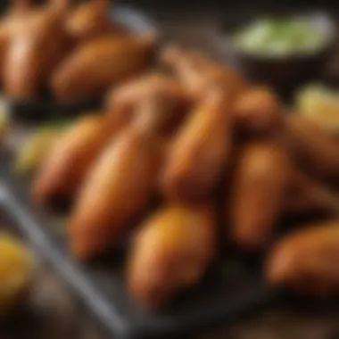 Close-up of crispy chicken wings with a golden-brown finish, served on a rustic table.