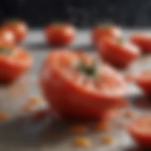 Close-up of fresh tomato splattering on fabric