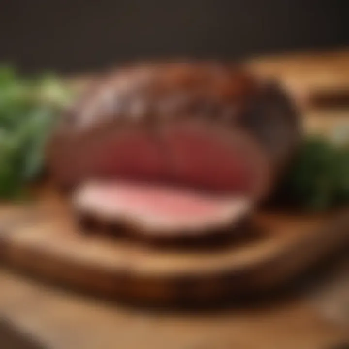 A succulent bone-in prime rib roast resting on a wooden cutting board.