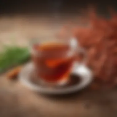 A steaming cup of rooibos tea surrounded by natural ingredients.