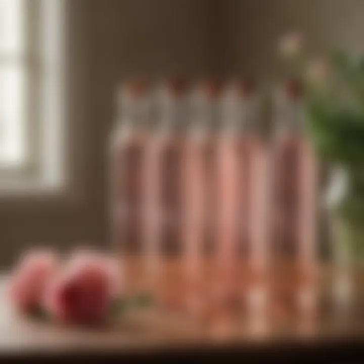 Artistic arrangement of rosewater bottles in a serene setting