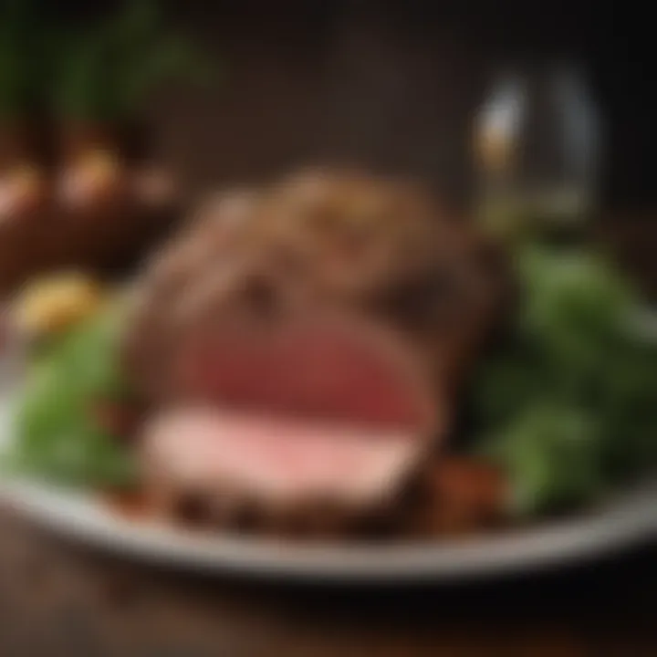 A selection of fresh herbs and spices arranged beside a bone-in prime rib roast.