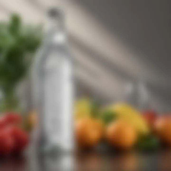 A bottle of seltzer water placed next to fresh fruits