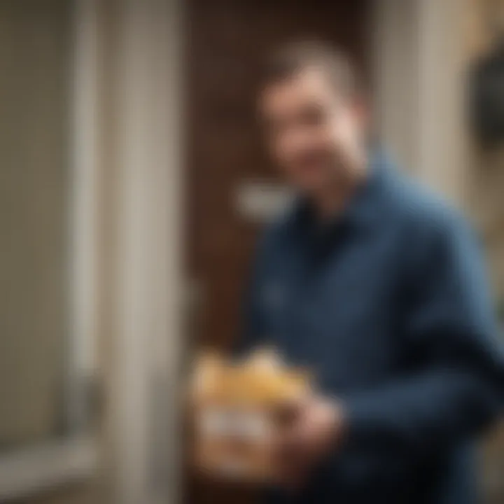 A delivery person handing over a soup package at a doorstep