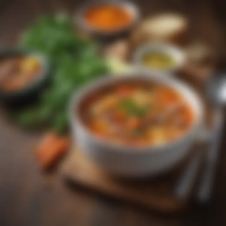A colorful bowl of hearty vegetable soup garnished with herbs