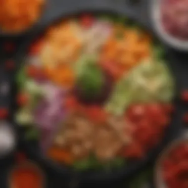 An array of colorful vegetables and proteins used in Sizzler Salad preparation