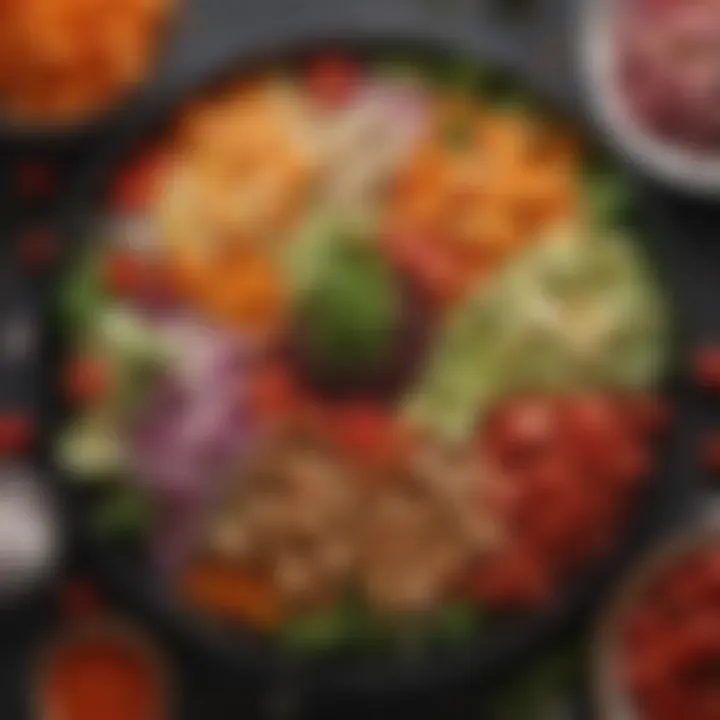 An array of colorful vegetables and proteins used in Sizzler Salad preparation