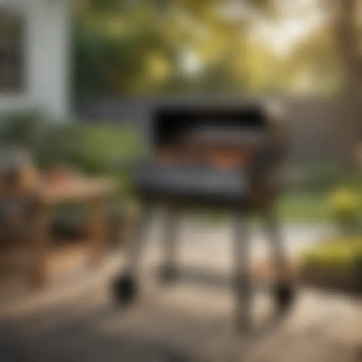 Small heavy-duty charcoal grill set up in a backyard, ready for an outdoor cooking experience.