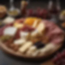 An elegant cheese and charcuterie board with various cheeses, meats, and fruits arranged artistically.