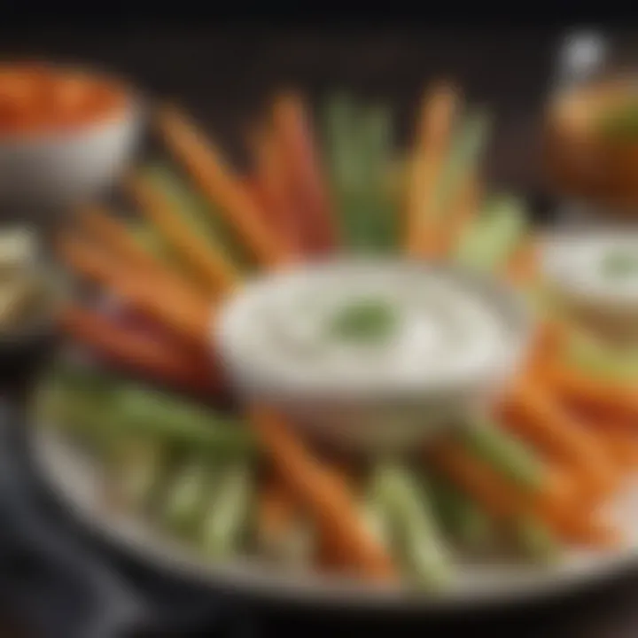 A colorful array of fresh vegetable sticks with ranch dip