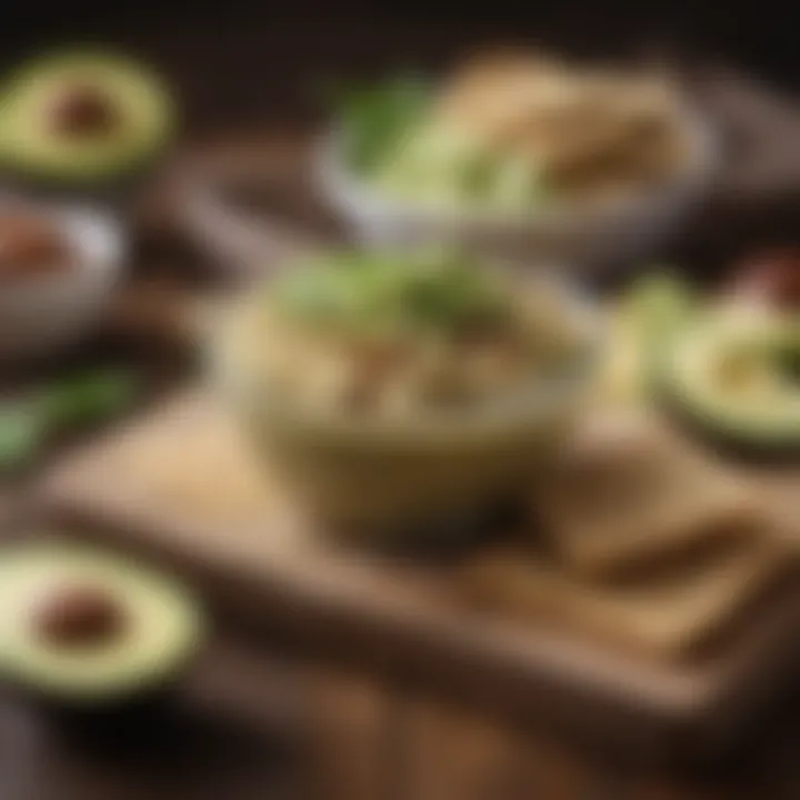 A delicious spread of whole grain crackers paired with a creamy avocado dip.