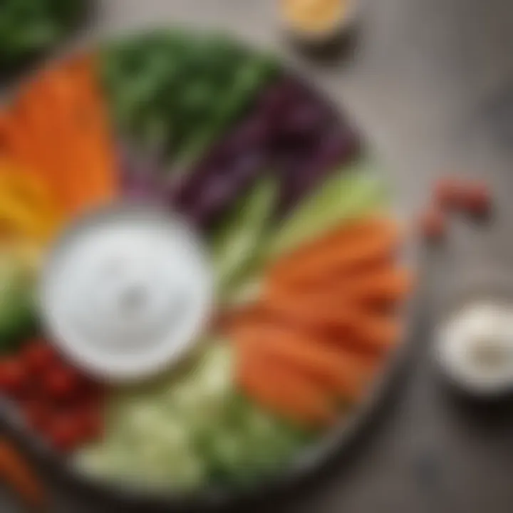 An array of vibrant vegetables with a low-fat yogurt dip, emphasizing healthy snacking.