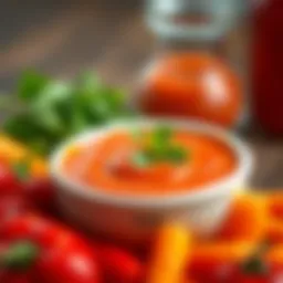 A close-up view of vibrant red spicy buffalo sauce in a small bowl, surrounded by fresh ingredients.
