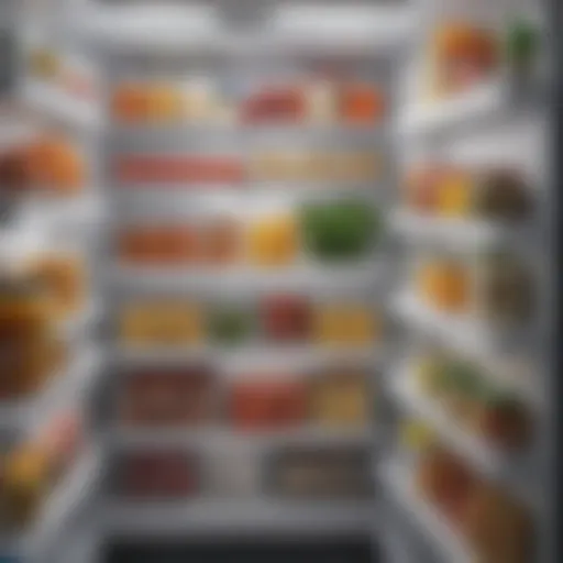 Close-up of a clean freezer interior showcasing organized food items