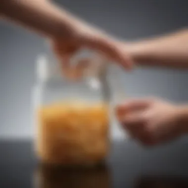 A person applying a rubber band around a jar lid to enhance grip.