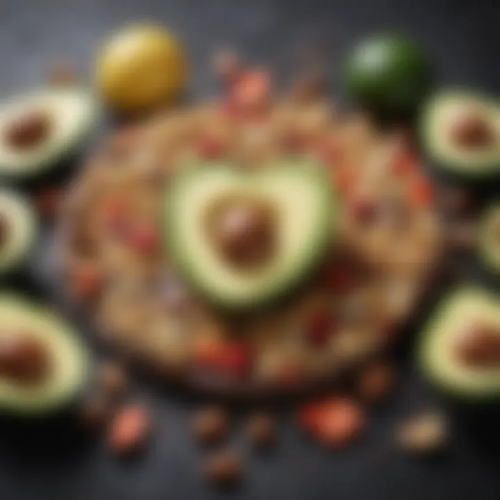 Colorful array of heart-healthy foods including avocados and nuts