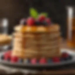 A stack of golden pancakes adorned with fresh berries and maple syrup.