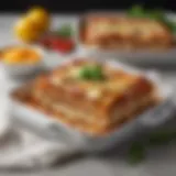 Elegant lasagna pan showcasing a rich, cheesy lasagna layered with fresh ingredients