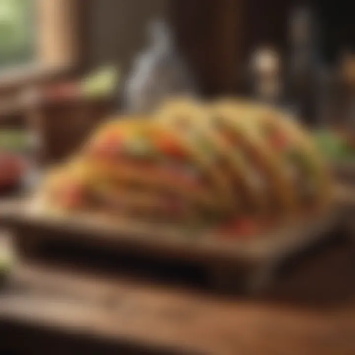 Rustic wooden taco stand set on a dining table.