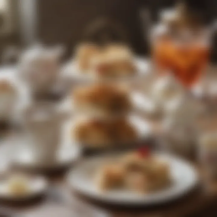 A charming tea setting with sandwiches, tea, and fine china.