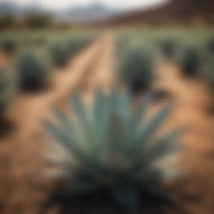 Detailed view of agave plants in the field, essential for tequila production