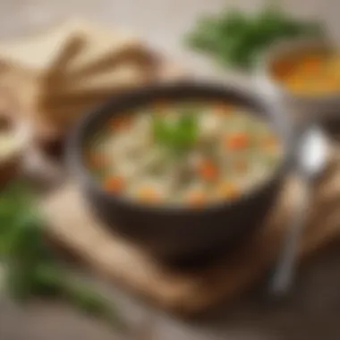 A bowl of classic matzo soup garnished with fresh herbs