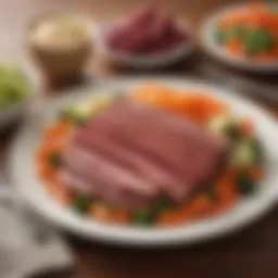 A beautifully presented plate of corned beef with seasonal vegetables.