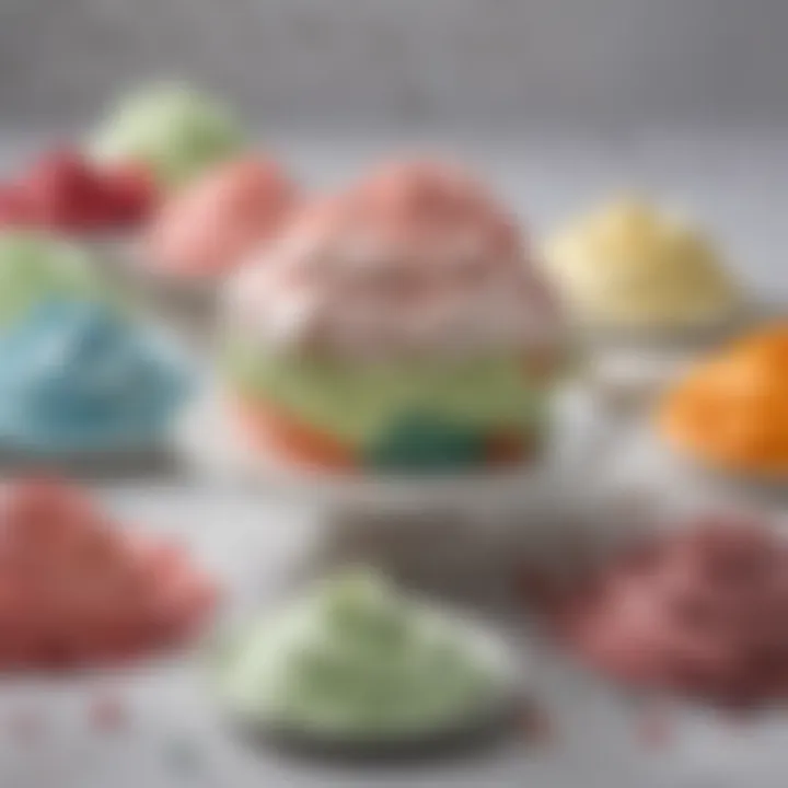A palette of food colors beside freshly whipped frosting ready for application