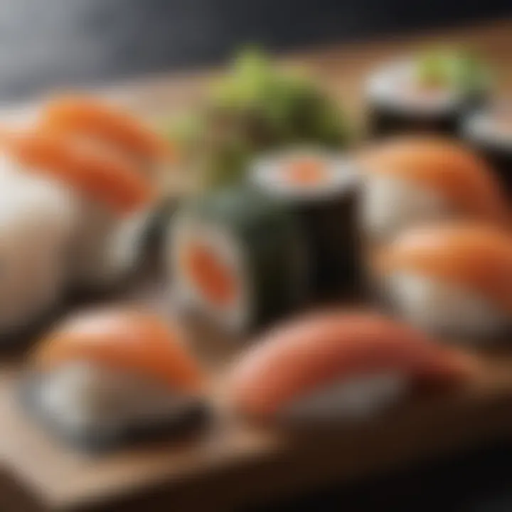 Close-up of fresh sushi ingredients including fish, seaweed, and rice in a traditional setting.