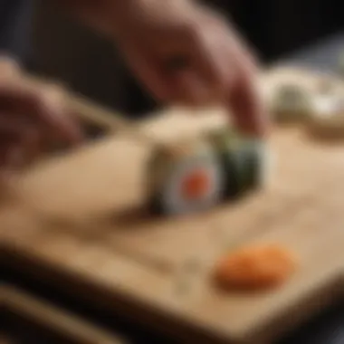 Artisan sushi being expertly crafted on a bamboo mat, highlighting precision and technique.