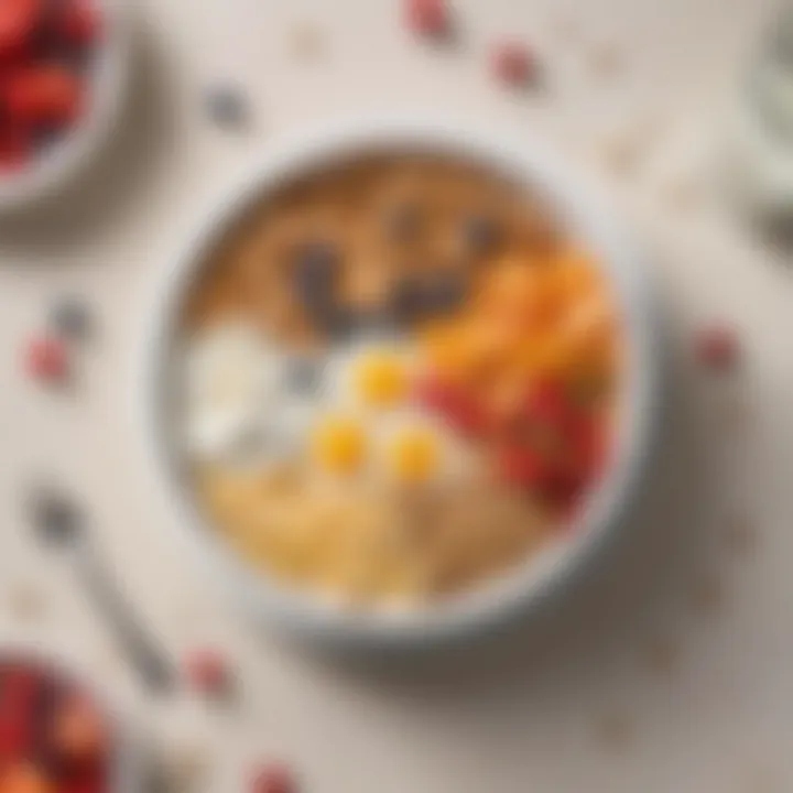 A balanced breakfast plate featuring cereal, yogurt, and assorted fruits.