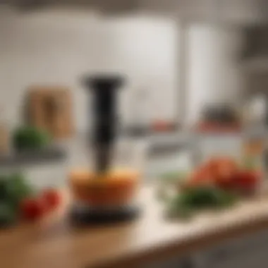 An organized kitchen countertop featuring a vegetable chopper in use