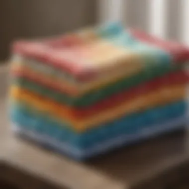 A close-up view of cotton dish cloths in various colors and patterns, showcasing their texture and quality.