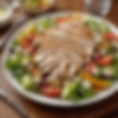 A vibrant salad featuring sliced chicken breast and colorful vegetables