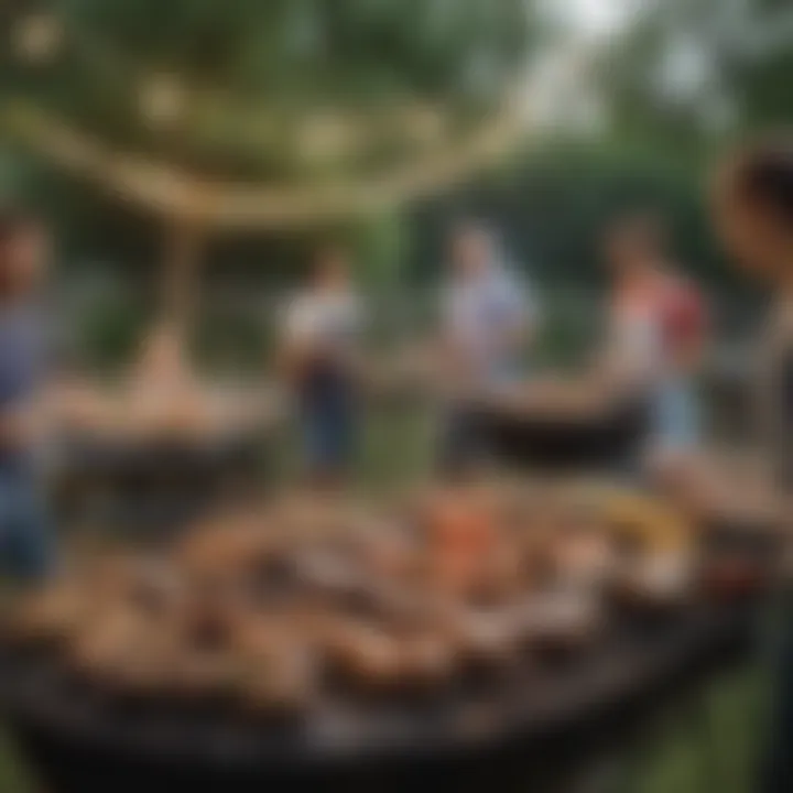 A serene evening scene of a backyard barbecue with friends enjoying grilled food.