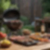 A beautifully laid out outdoor grilling setup with various grilling tools and ingredients.