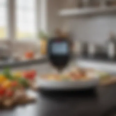 Infrared thermometer measuring food temperature in a home kitchen